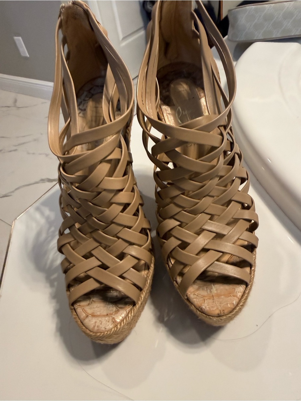 Christian Louboutin Woven Leather Espadrille Wedge Sandals - Beige